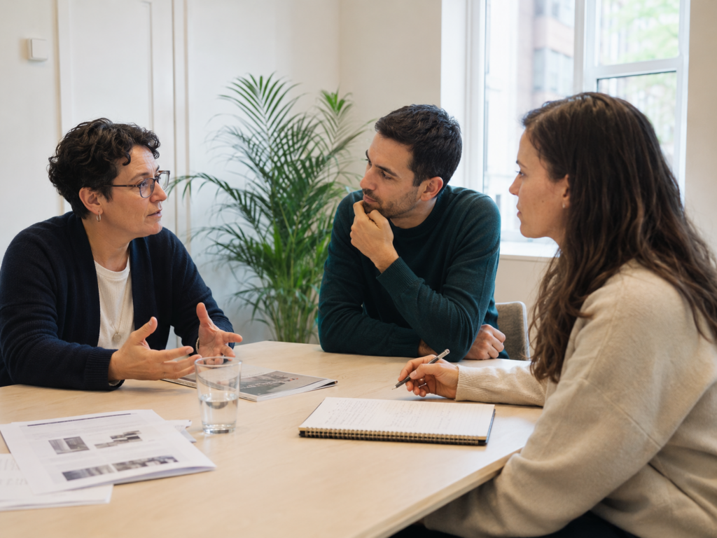 A small group of adults in a thoughtful conversation around a table.